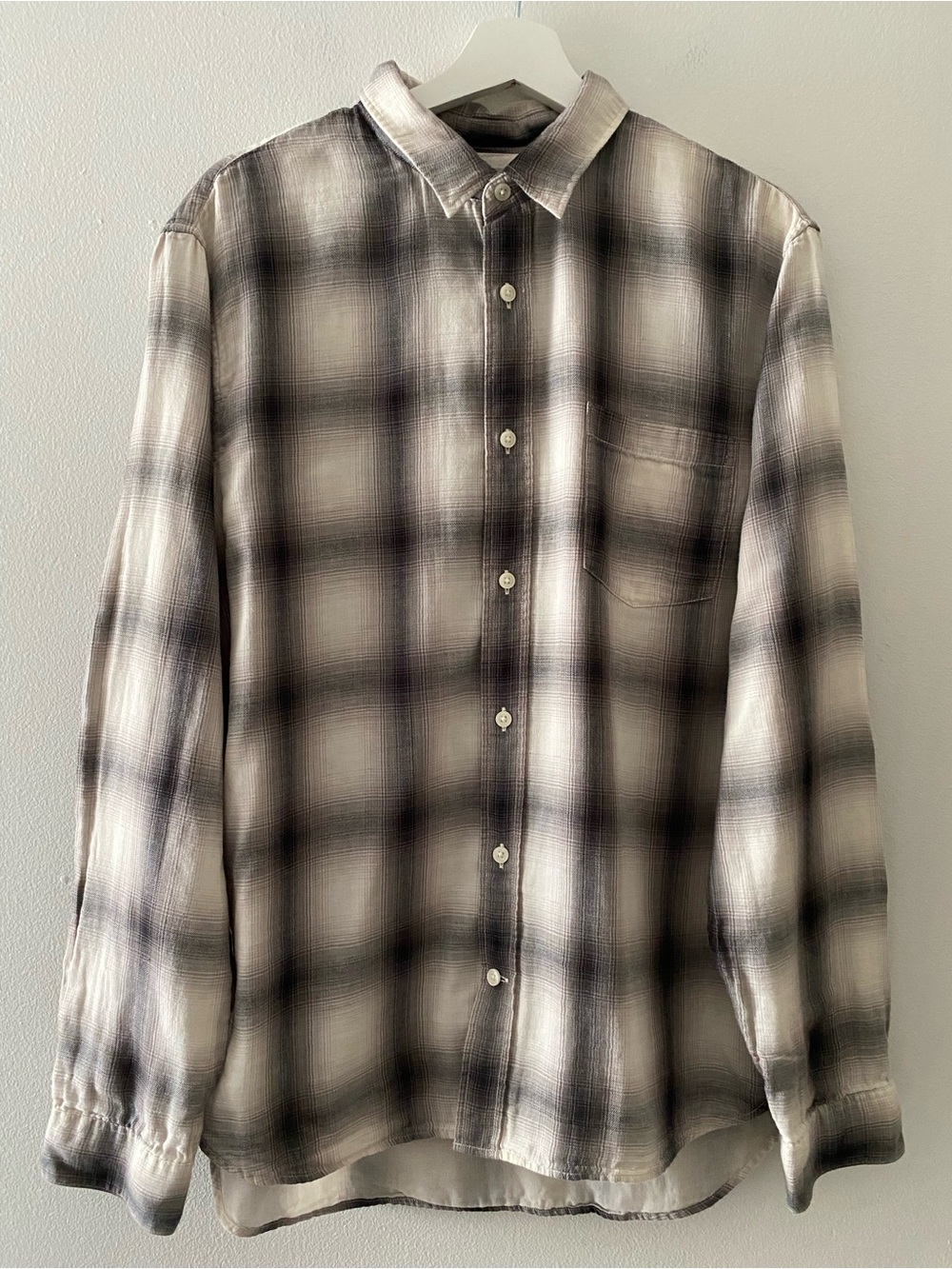 Vince Men's Gray White Plaid Cotton Shirt Long Sleeve Contrast Interior Trim